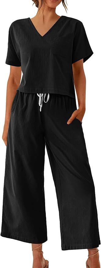 Ekouaer Womnes's 100% Cotton Linen Lounge Set Short Sleeve Top Pajamas Wide Leg Pants Loungewear ... | Amazon (US)