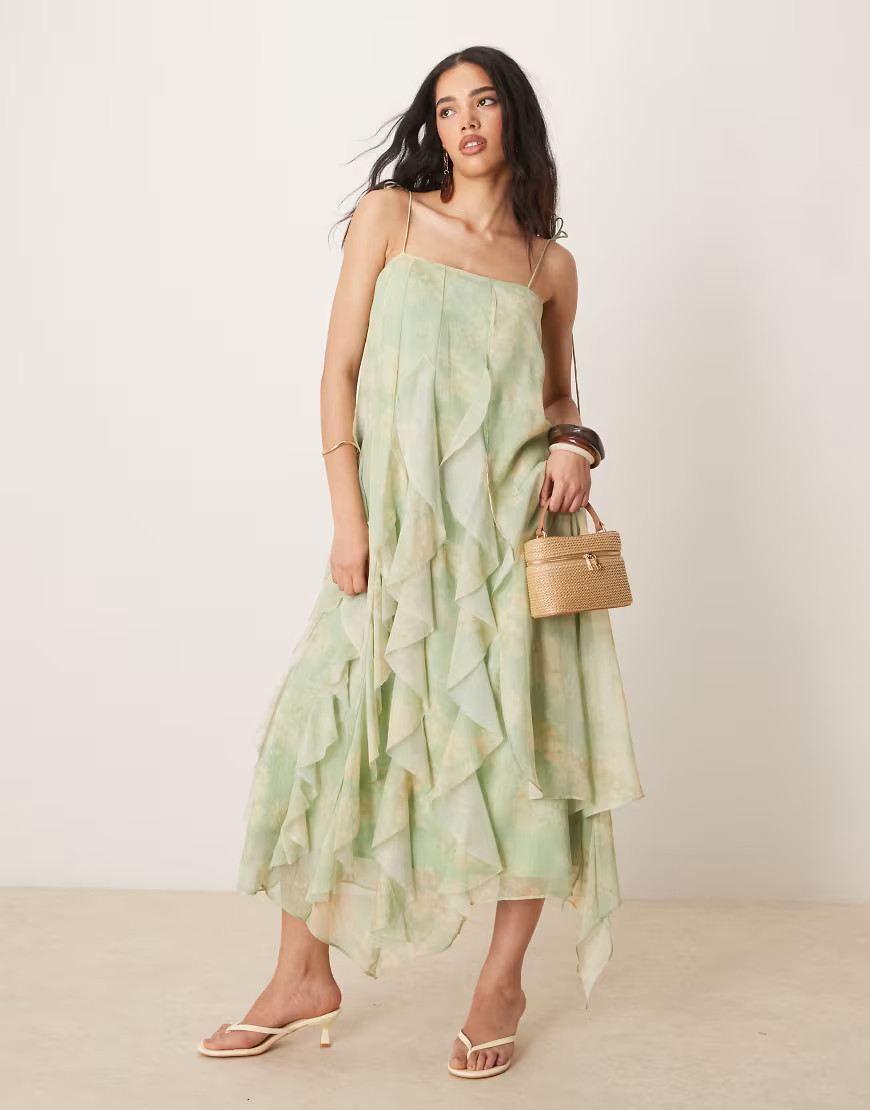 ASOS DESIGN tie strap ruffle maxi dress in sage green floral print-Multi | ASOS (Global)