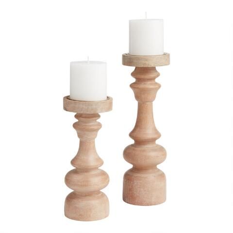 Whitewashed Wood Pillar Candleholder | World Market