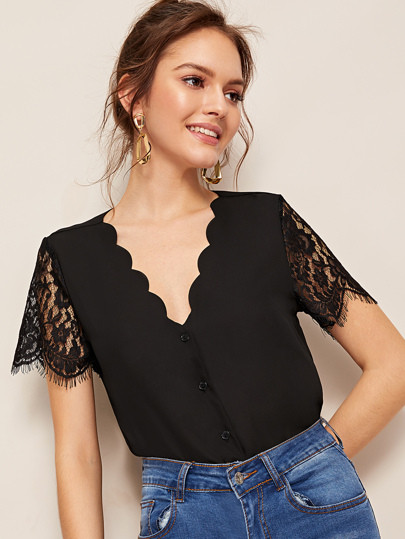Contrast Lace Sleeve V-neck Blouse | SHEIN