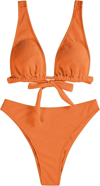 ZAFUL Womens Back Tie Bikini Set V Neck High Waisted Crinkle Longline Plunge Bikini Two Piece Bathin | Amazon (US)