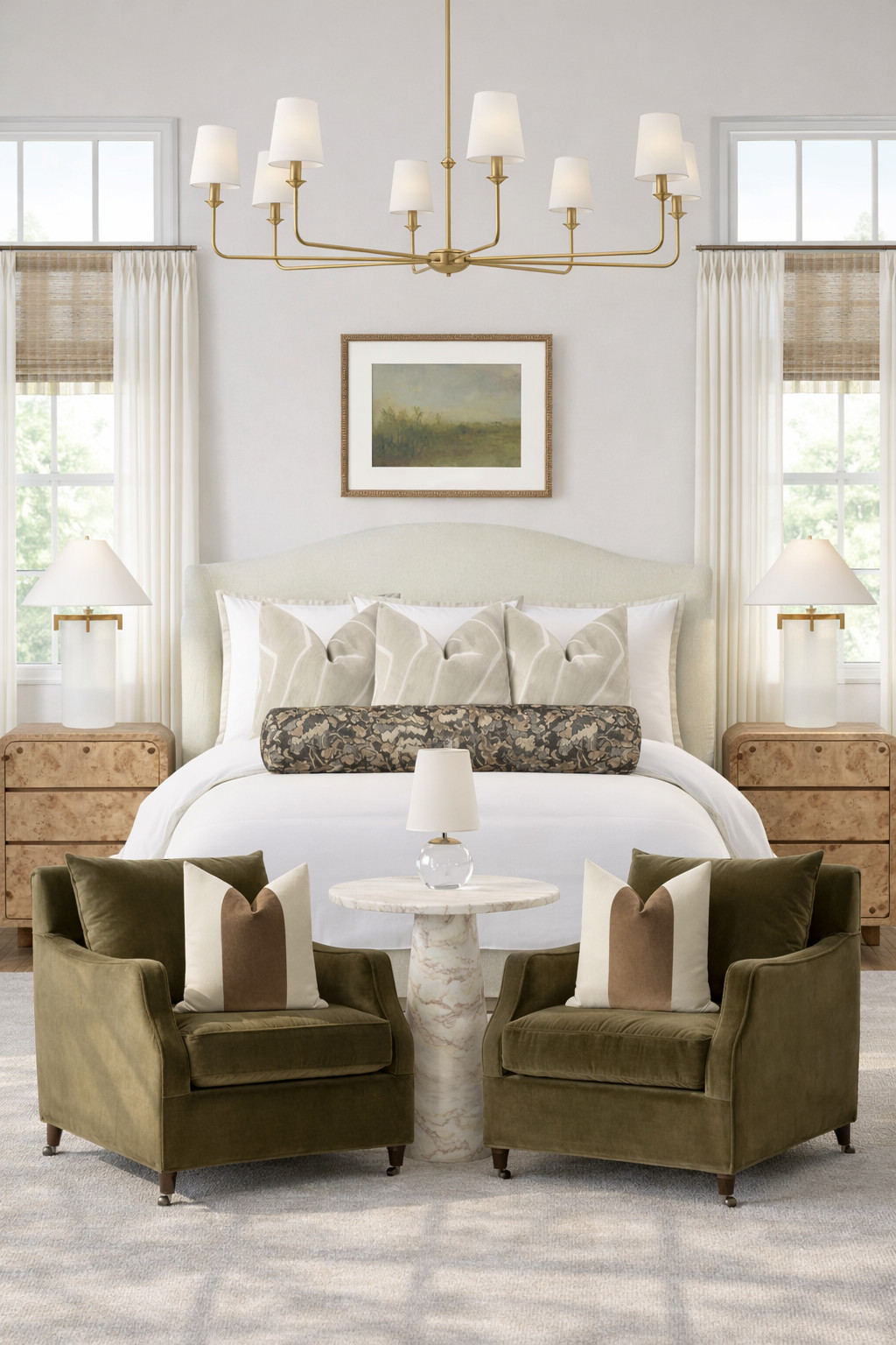 Tell me this doesn’t feel like a boutique hotel suite.

Soft, tailored bedding. Burl wood nightstands. Olive velvet lounge chairs that anchor the space without overpowering it. And that long patterned lumbar? Chef’s kiss.

This is how you do traditional with a modern pulse:
– Clean symmetry
– Warm brass lighting
– Subtle contrast (olive + cream + wood tones)
– Sculptural silhouettes

It’s serene. It’s grounded. It feels collected — not staged.

If your bedroom doesn’t make you exhale when you walk in… we need to fix that. 

 #LTKHome