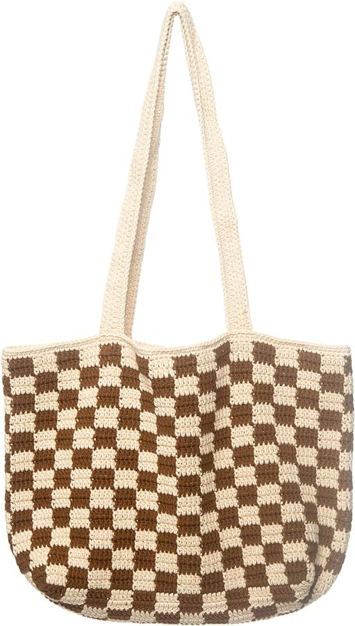 Churi Handmade Checkered Pattern Crochet Tote Bag, Aesthetic Hobo Shoulder Crochet Beach Bag | Amazon (US)