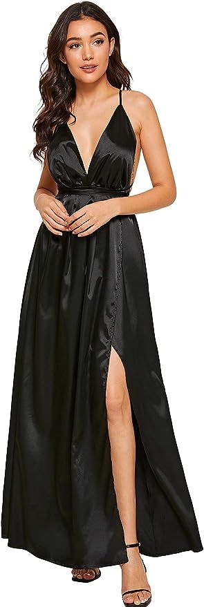 Amazon.com: SheIn Women's Sexy Satin Deep V Neck Backless Maxi Club Party Evening Dress Black Sma... | Amazon (US)