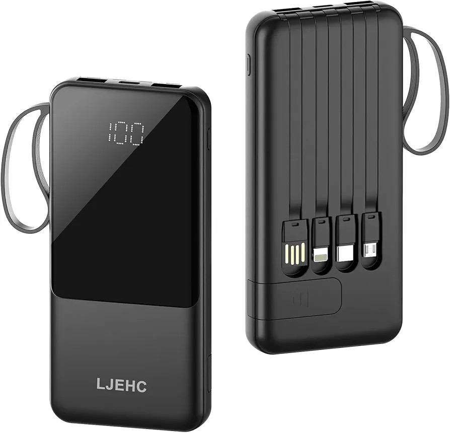 Portable Charger with Built in Cables,10000mAh Slim USB C Power Bank,5 Output 3 Input LED Display High Speed External Battery Pack Travel Phone Charger for iPhone Samsung Pixel LG Moto iPad,Black | Amazon (US)