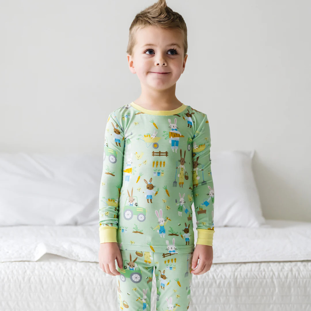Pistachio Hop To It Two-Piece Bamboo Viscose Pajama Set | Little Sleepies