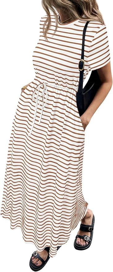NALANISA Women's Summer Maxi Dresses 2026 Casual Short Sleeve Striped Drawstring Waist Loose Fit ... | Amazon (US)