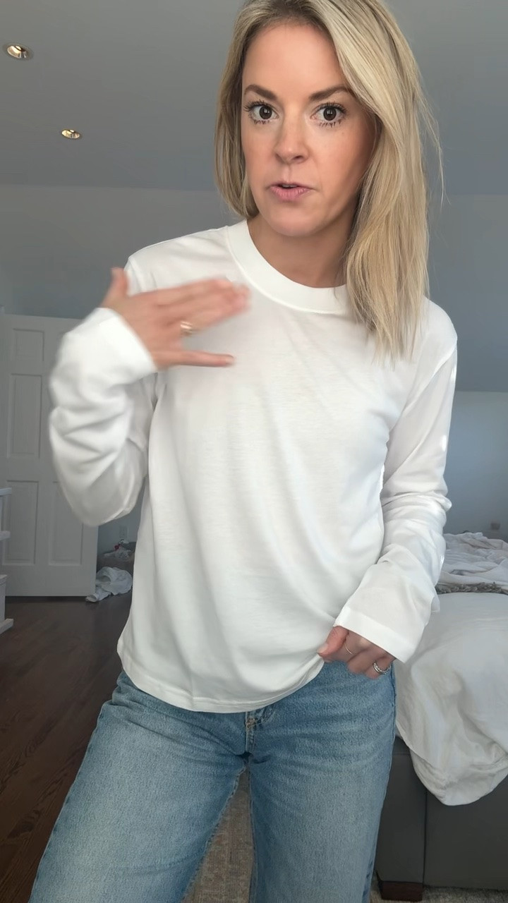 If you need a good, long sleeve base tee this one is only $21 and not see through. Fits tts. I’m in a small // small sweater