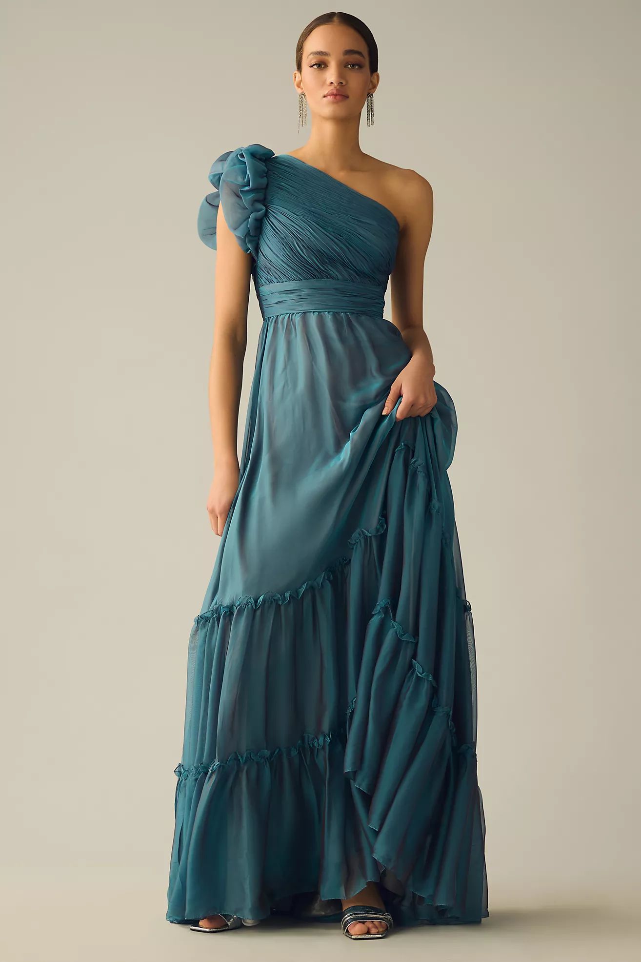 Mac Duggal Organza One-Shoulder Pleated Tiered Gown | Anthropologie (US)