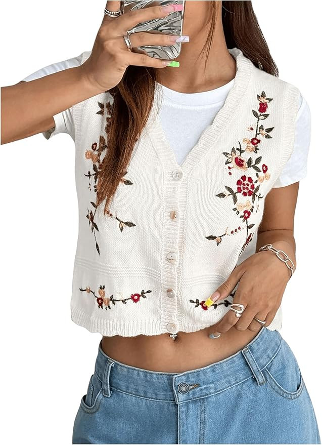 GORGLITTER Women's Flower Embroideried Boho Sweater Vest Sleeveless Fall Vintage Crochet Cardigan... | Amazon (US)