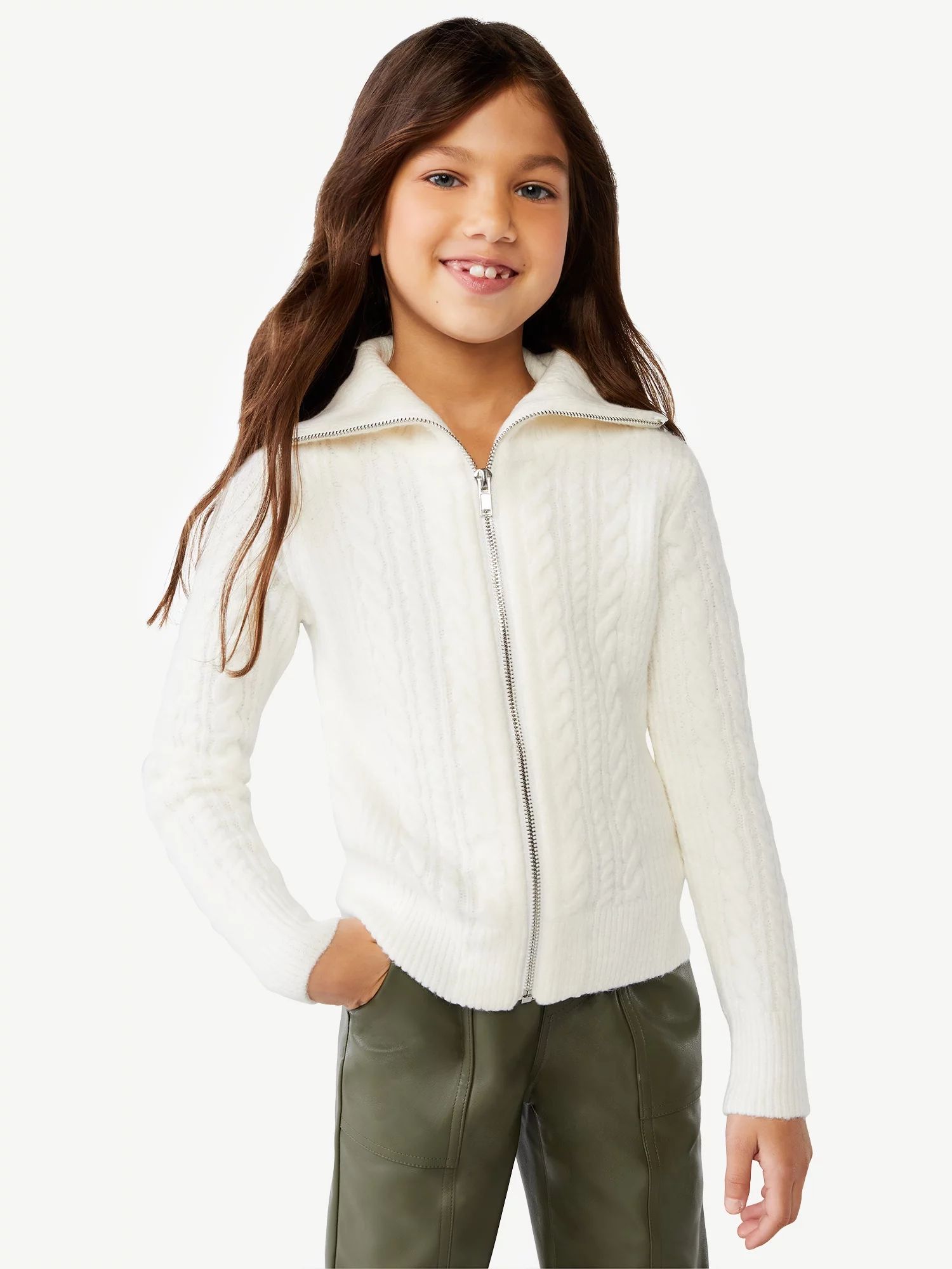 Scoop Girl's Zip Up Cable Knit Sweater, Sizes 4-12 | Walmart (US)