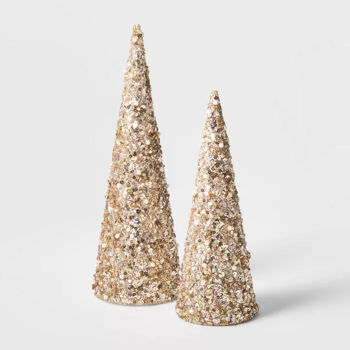 Large Sequin Tree Cone with Beads Decorative Figurine Gold - Wondershop&#8482; | Target