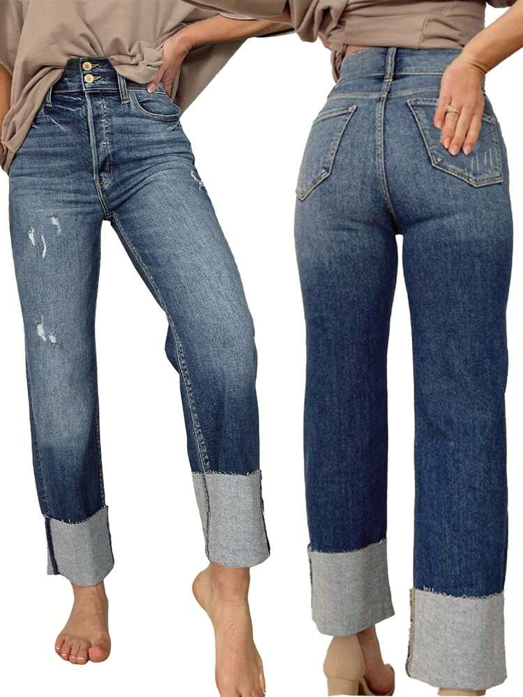 Women's High-Waisted Stretch Slim-Fit Straight-Leg Jeans With Cuffed Design, Elegant Blue Denim P... | SHEIN