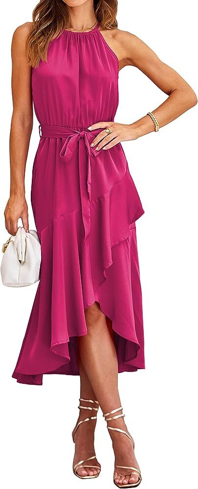 dowerme Women's 2023 Casual Midi Satin Dresses Halter Neck Sleeveless Belted Ruffle Solid Wrap Cl... | Amazon (US)
