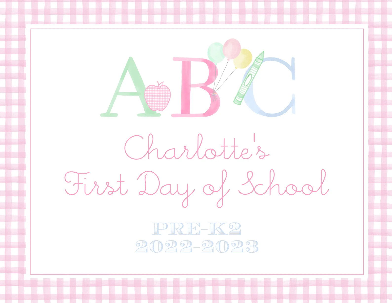First Day of School Sign - Watercolor ABC Girls Pink Gingham - Preppy Preschool Back to School - ... | Etsy (US)