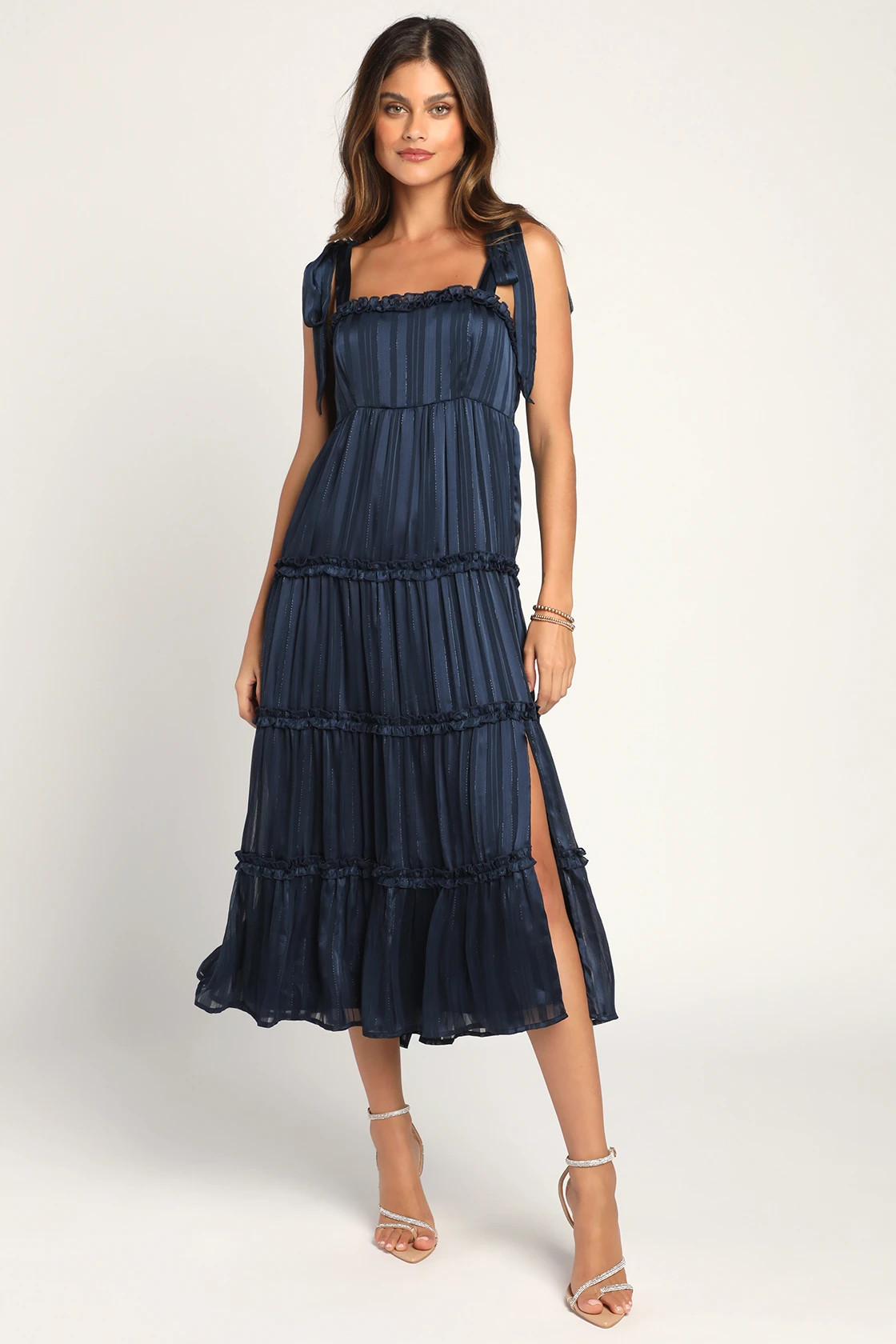 Day for Romance Navy Blue Tie-Strap Tiered Midi Dress | Lulus