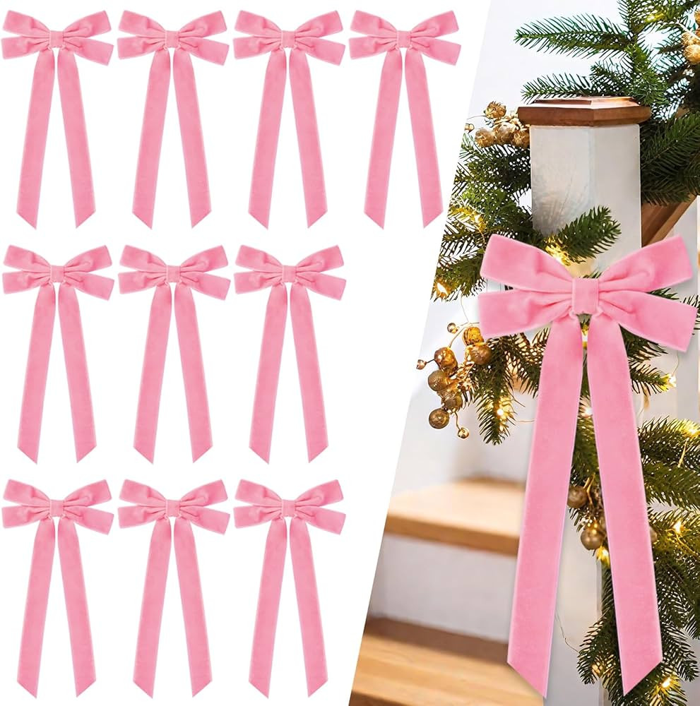 JOICEE 15Pcs Pink Velvet Bows, 5in x 12in Christmas Tree Wreath Bows Rustic Crafts Gift Ribbon Bo... | Amazon (US)