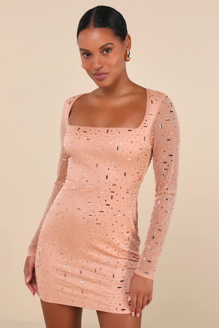 Luxe Statement Tan Rhinestone Mesh Long Sleeve Mini Dress | Lulus