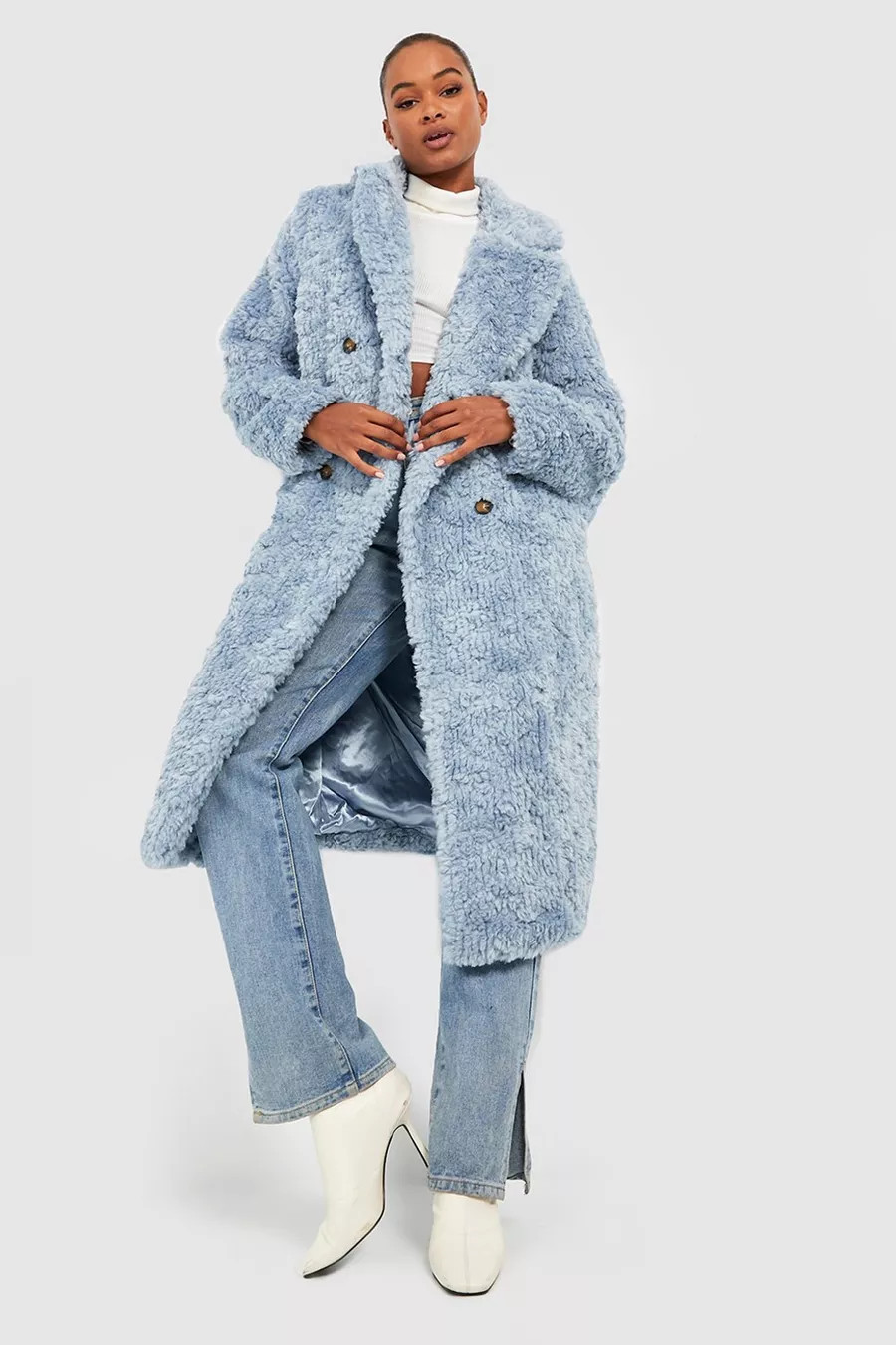 Tall Textured Faux Fur Double Breasted Coat | Boohoo.com (US & CA)