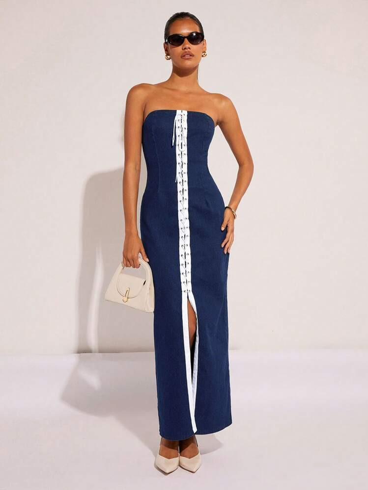 COSMINA Women's Fitted Denim Tube Dress With Eyelet Tie | SHEIN