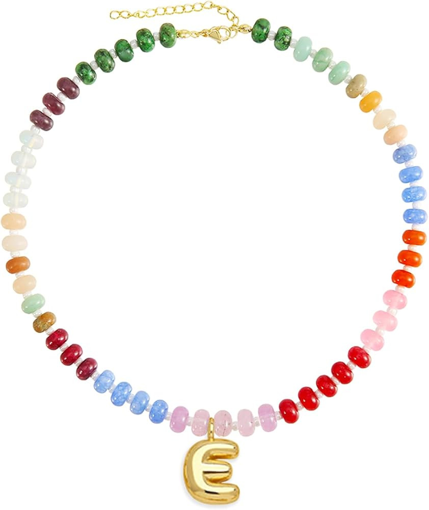 Elegant Boho Colorful Beaded Necklace with Gold Bubble Letter A-Z Pendant,Handmade Trendy Summer ... | Amazon (US)