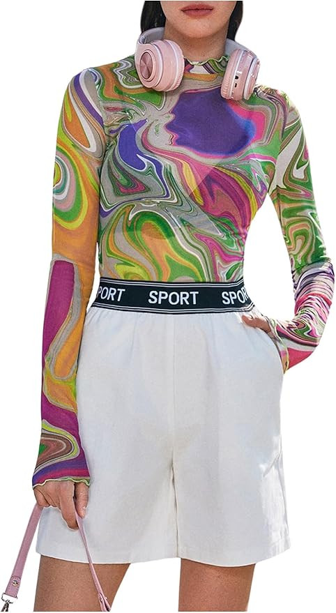 Floerns Women's Mock Neck Long Sleeve See Though Sheer Mesh Tops Tee Shirt | Amazon (US)