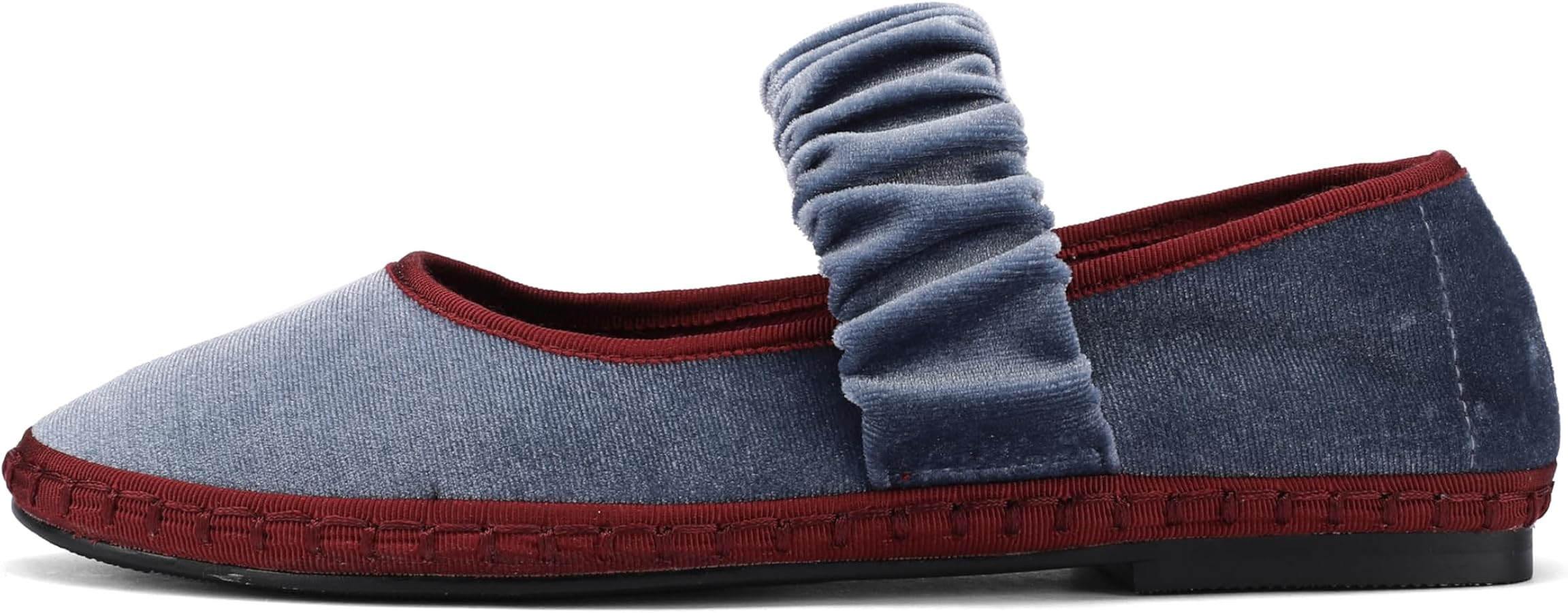 Women's Velvet Mary Jane Flats Round Toe Ballet Shoes Wide Strap Design with Burgundy Trim | Amazon (US)