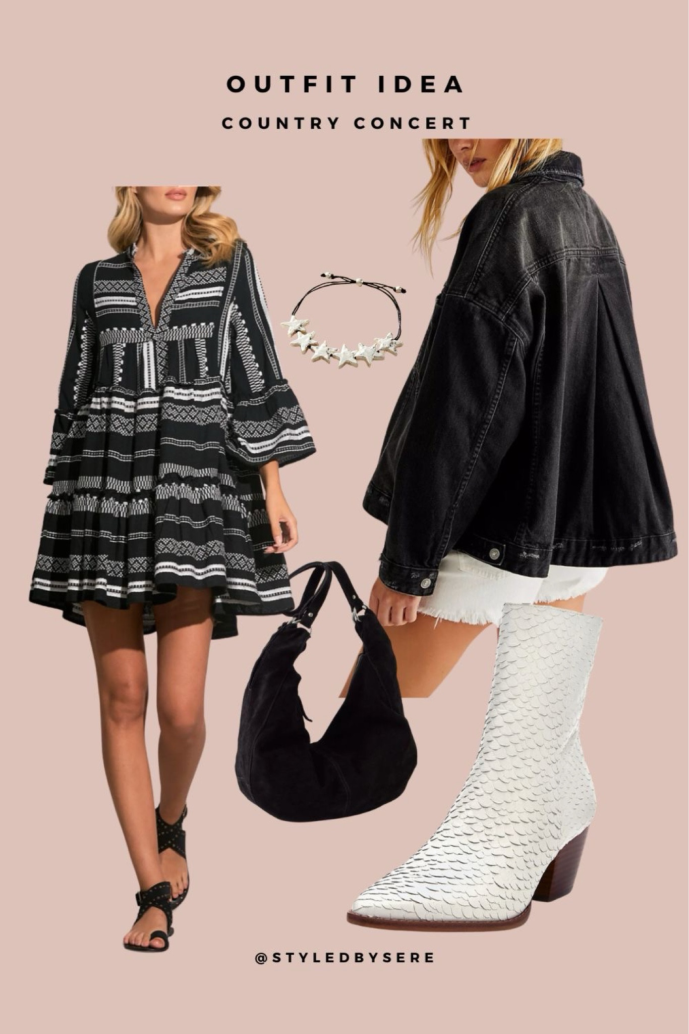 Look cool on the country this summer with a chic black and white ensemble. Start with a sweet, patterned dress. Now add killer booties, an oversized black denim jacket and rockstar accessories. You'll stand out in the best of ways all concert long!

#LTKStyleTip #LTKParties #LTKFestival