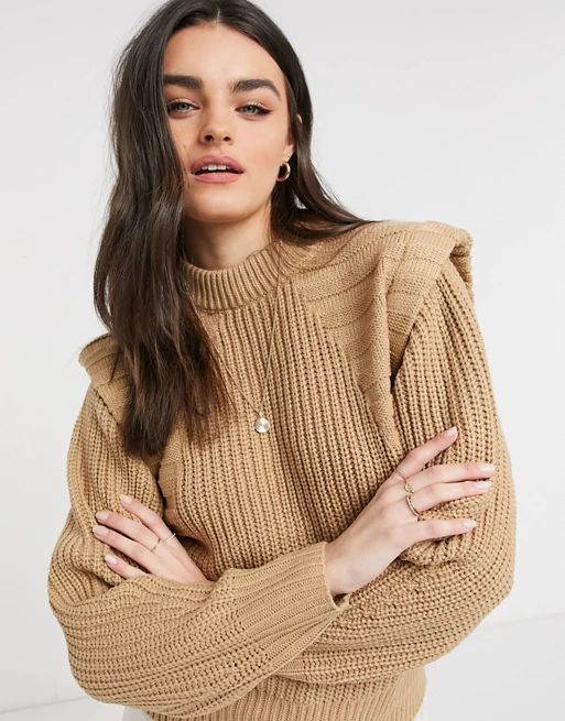 ASOS DESIGN sweater in mixed rib with shoulder detail in camel | ASOS (Global)