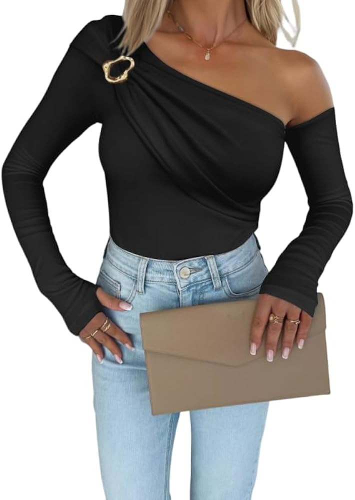 Long Sleeve Shirts for Women Fall Fashion Asymmetrical Tops Ruched Going Out Slim Fit Blouses Clo... | Amazon (US)