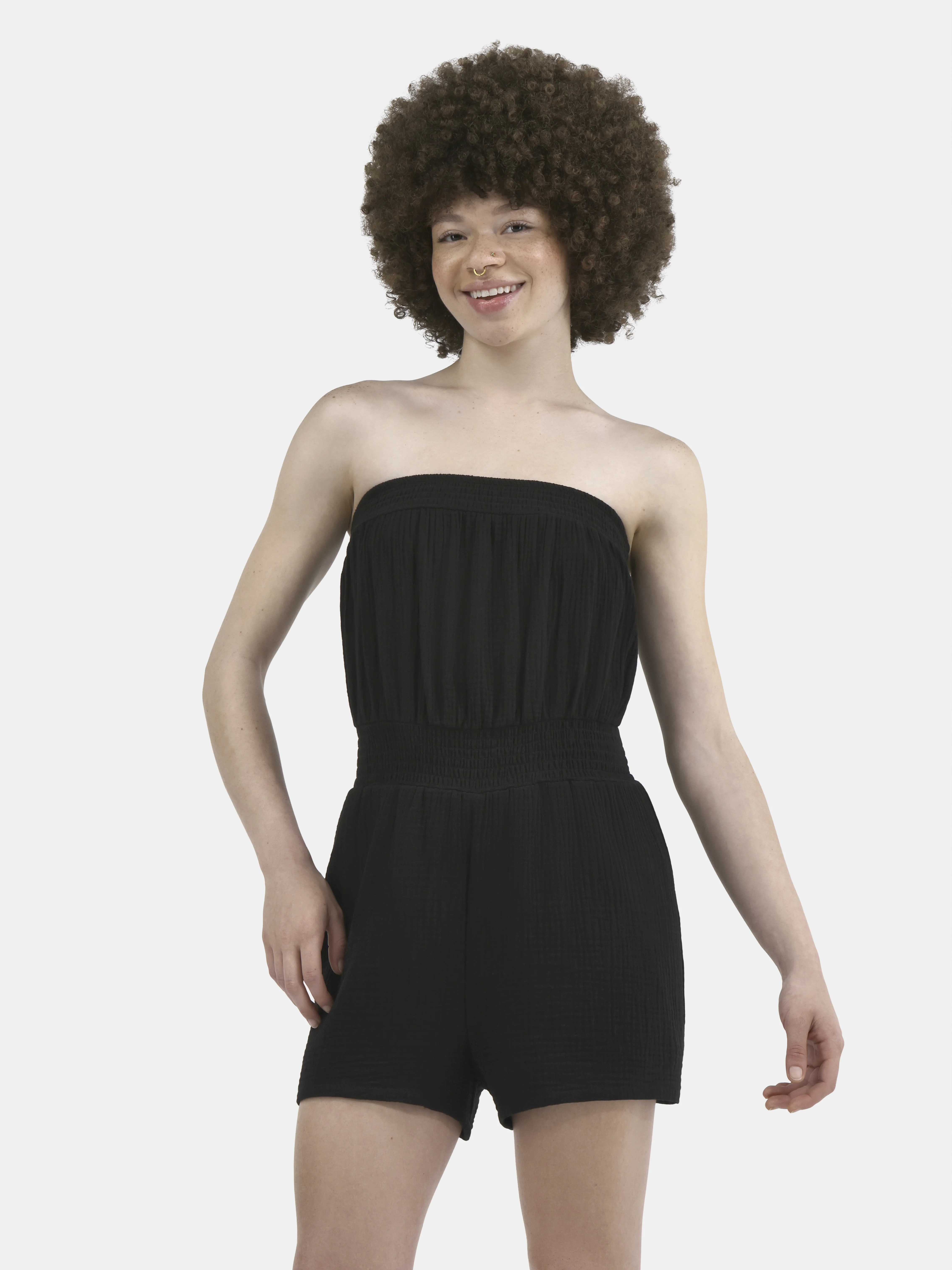No Boundaries Cotton Smocked Waist Strapless Romper, Women's | Walmart (US)