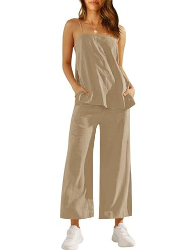 Imily Bela Womens 2 Piece Outfits Linen Set Camisole Tops and Wide Leg Pants Vacation Matching Loungewear, Khaki, Large | Amazon (US)