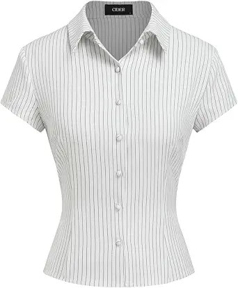 CIDER Women Striped Button Down Shirt Short Sleeve Collared Fitted Work Blouse Office Tops | Amazon (US)