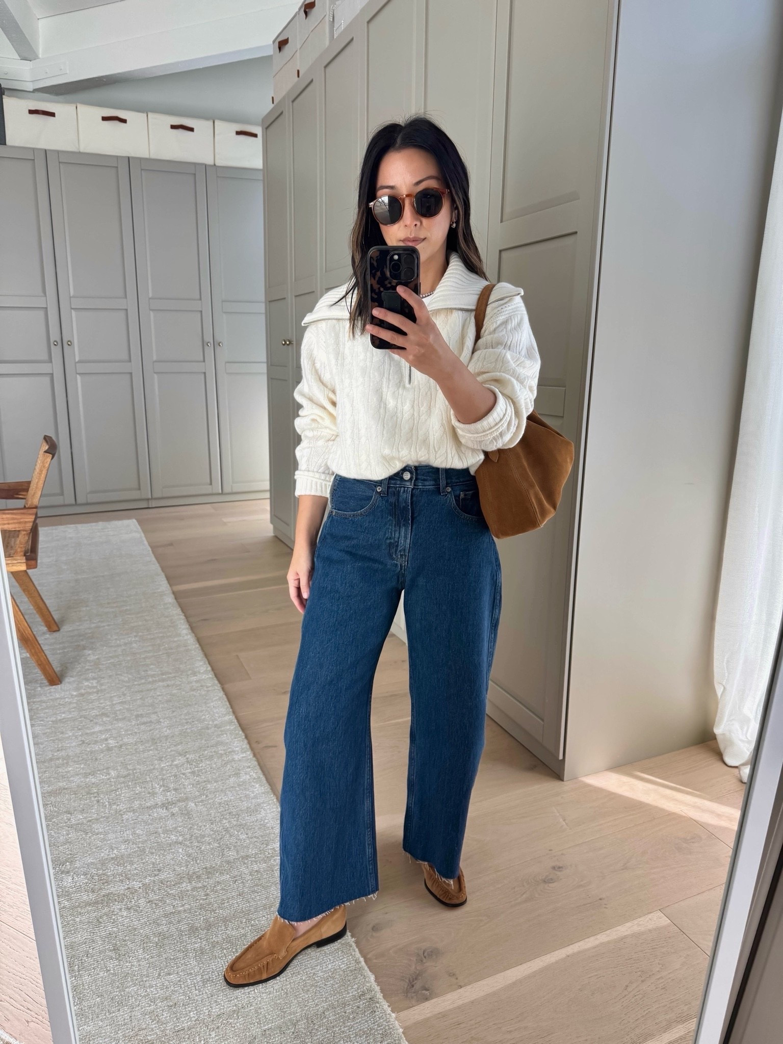 The perfect barrel jeans for those that don’t like barrel jeans 😂. These are fantastic. More of a mid rise. Wash is perfect for fall. 

Everlane tee medium
Jcrew seater xs
J.crew barrel jeans 26 regular. Cut hems. Sized up so the rise would fit better. 
J.crew loafers 5
J.crew bag
Le Specs sunglasses 
Dorsey Cecelia earrings 3.4
Dorsey James necklace 15”