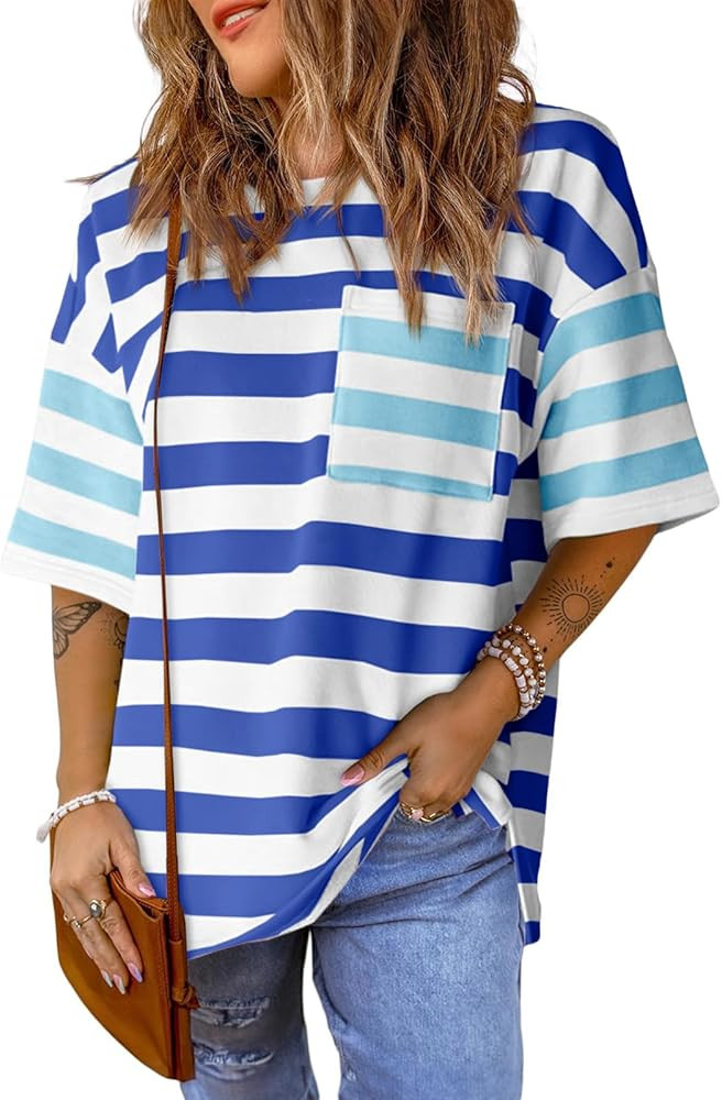 Womens Oversized Color Block Striped Tshirts Summer Casual Short Sleeve Tops Loose Fit Crew Neck ... | Amazon (US)