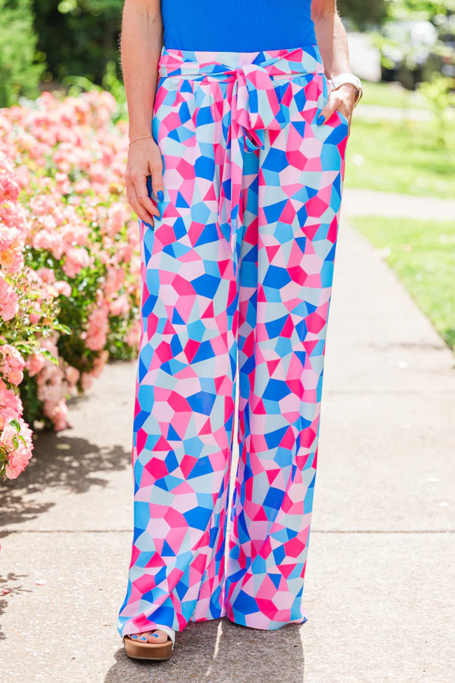 Fashionably Late Geometric Blue And Pink Belted Pants Kalee Rogers X Pink Lily | Pink Lily