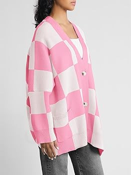 Saodimallsu Womens Checkered Sweater Color Block Plaid Oversized Cardigan Long Sleeve V Neck Butt... | Amazon (US)