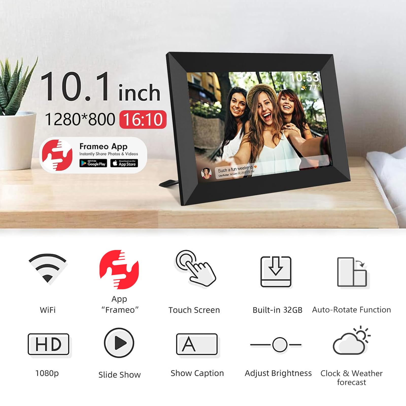 32GB FRAMEO 10.1 Inch Smart WiFi Digital Photo Frame 1280x800 IPS LCD Touch Screen, Auto-Rotate P... | Amazon (US)