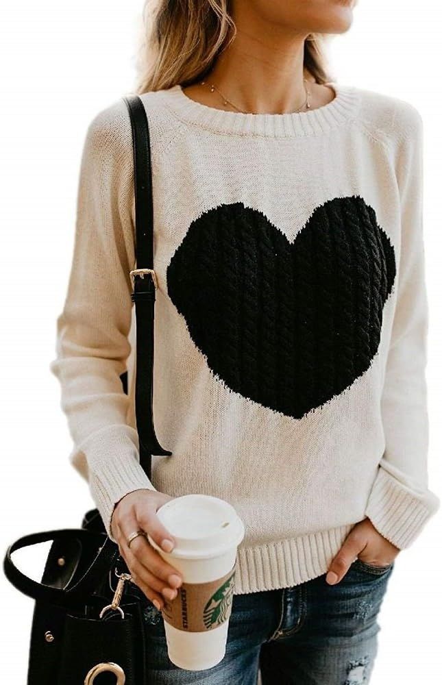 Womens Pullover Sweaters Knit Long Sleeve Cable Heart Patch Jumper Tops | Amazon (US)