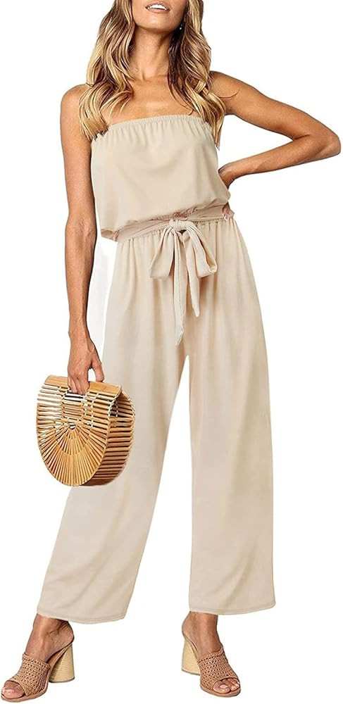 ZESICA Women's 2023 Casual Off Shoulder Solid Color Strapless Belted Wide Leg Jumpsuit Romper | Amazon (US)