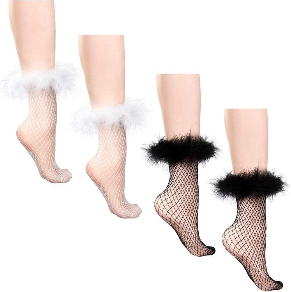 OIIKI 2Pairs Women Feather Fishnet Socks, Ruffle Mesh Cuff Socks, Summer Elastic Anklet Socks, Fe... | Amazon (US)