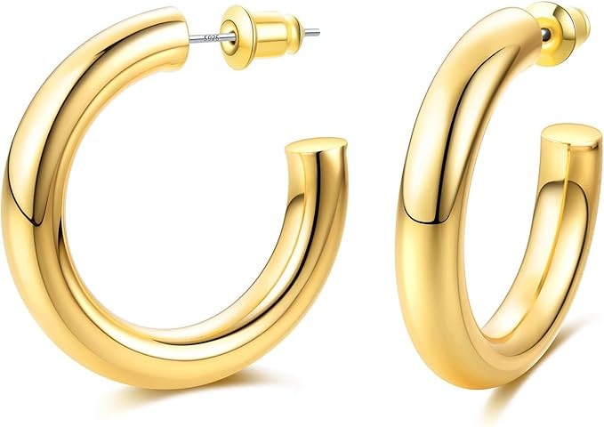 EARLLER Thick Chunky Open Hoops Earrings, 14K Gold Plated Gold Hoop Earrings, Lightweight Tube Ho... | Amazon (US)