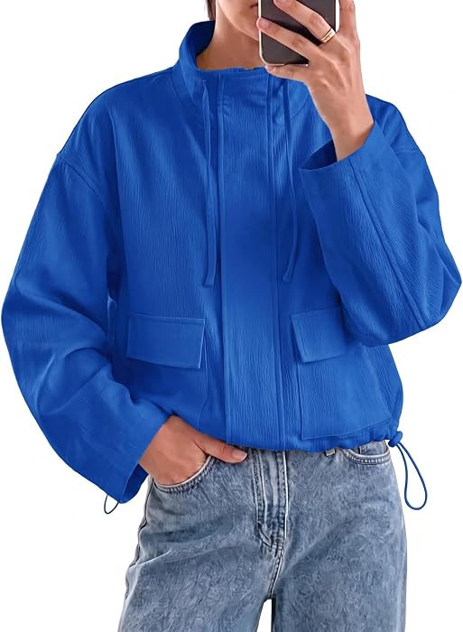 Fisoew Womens Cropped Jackets Lightweight Safari Fall Coats With Pockets | Amazon (US)