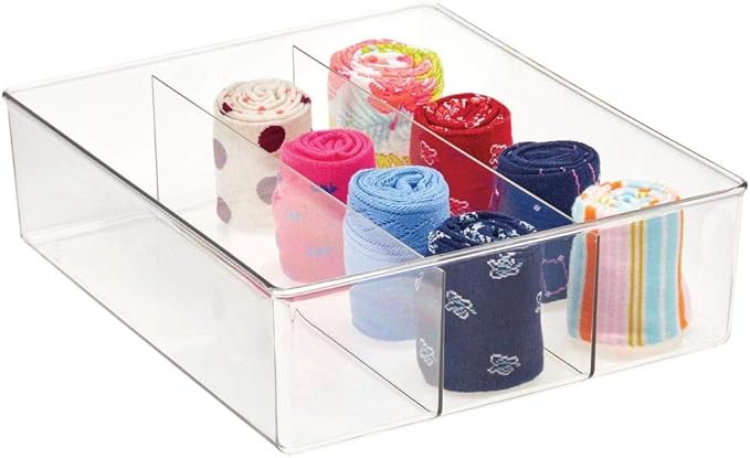 mDesign Plastic 3 Compartment Divided Drawer and Closet Storage Bin - Organizer for Shirts, Scarv... | Amazon (US)