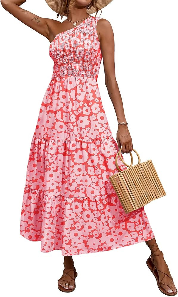 BTFBM Women One Shoulder Sleeveless Casual Summer Dresses 2023 Smocked High Waist Floral Flowy Be... | Amazon (US)