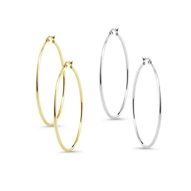 Stunning Stainless Steel Hoop Earrings Two-Pair Set in Silver and Gold, 50mm Diameter | Walmart (US)