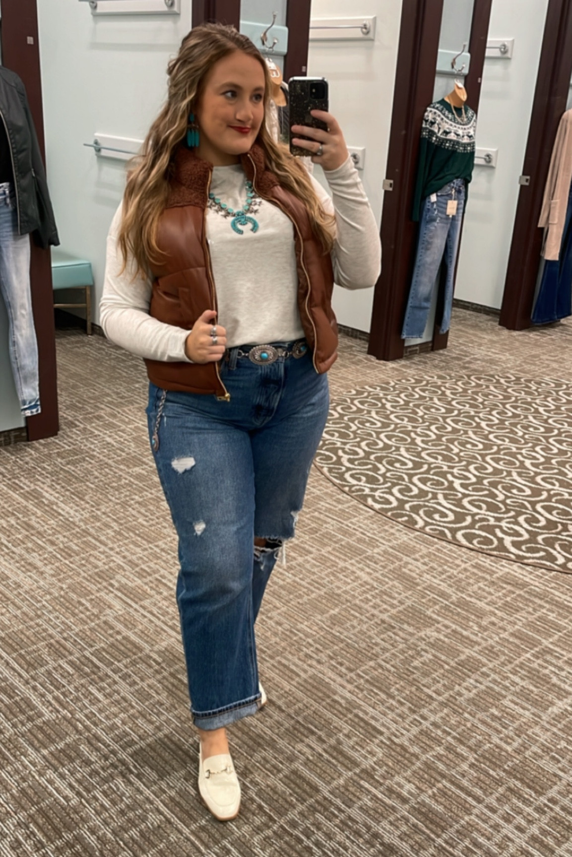 Cropped faux leather vest with vintage inspired straight leg distressed jeans! 

#LTKmidsize #LTKsalealert #LTKHoliday