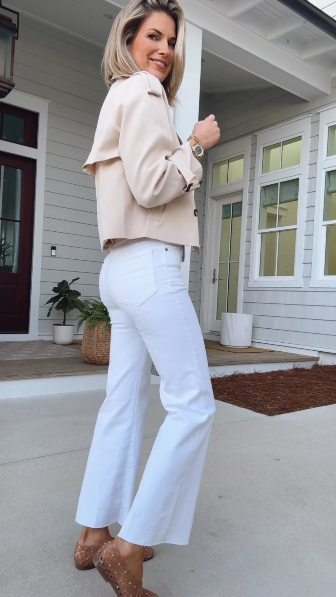 POV: 40 years later you’re wearing jelly shoes again.  I am 5’11” wearing 27 tall white jeans. Small tops.  Shoes true to size.  Date night outfit.  

#LTKootd #LTKTall #LTKOver40