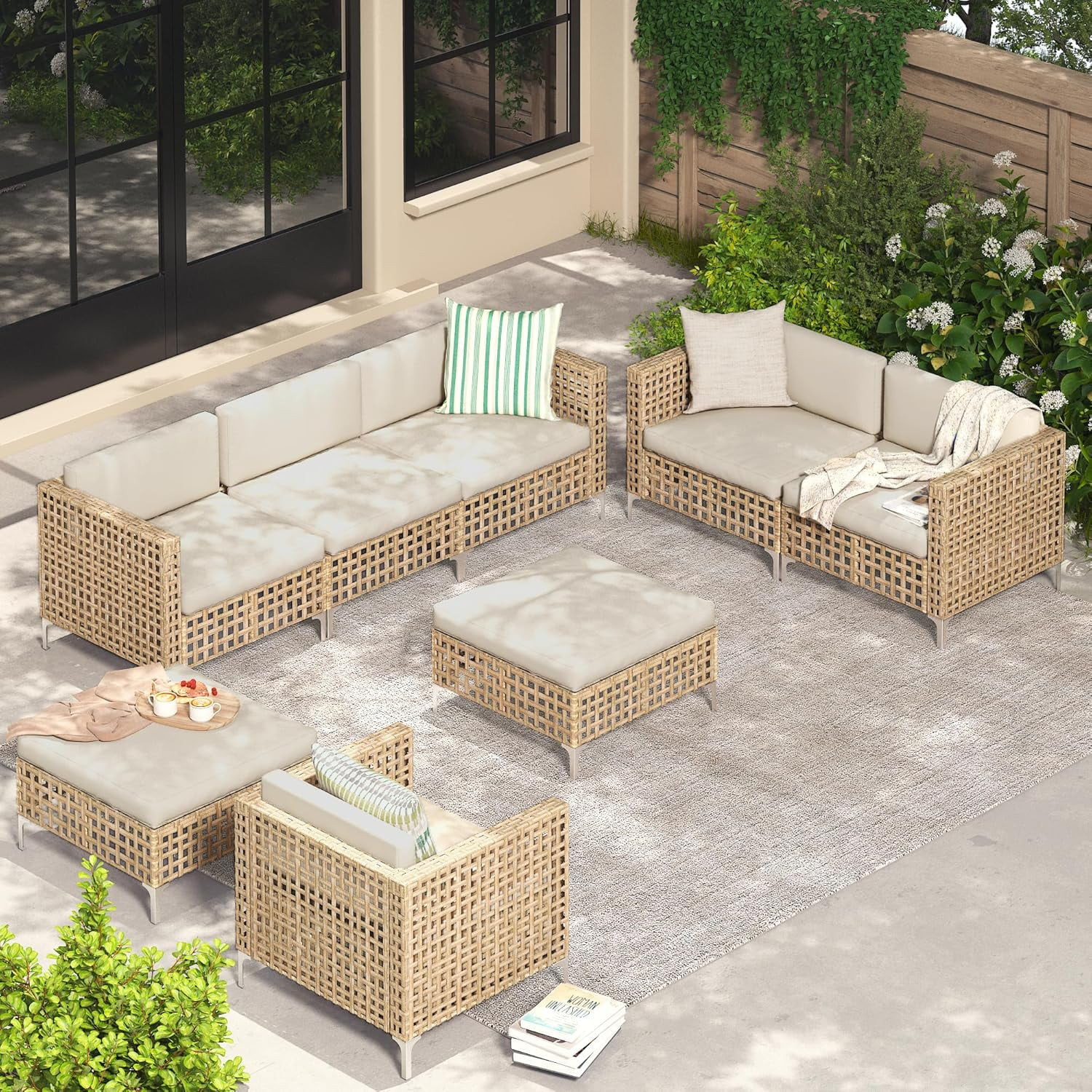 AECOJOY 8-Piece Patio Furniture Set, Boho Style Rattan Wicker Sectional Sofa Couch Outdoor Conver... | Walmart (US)