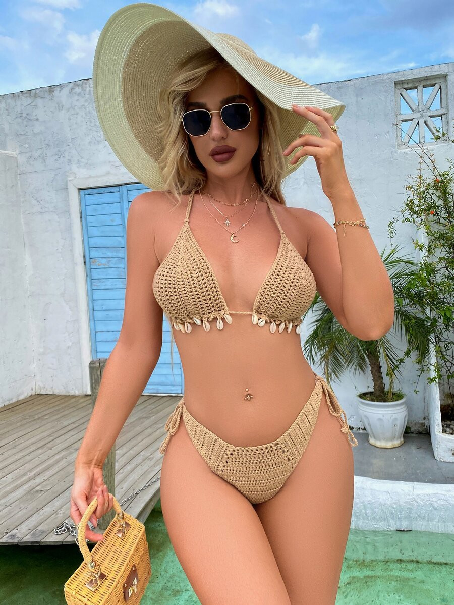 Shell Detail Halter Tie Side Bikini Swimsuit | SHEIN